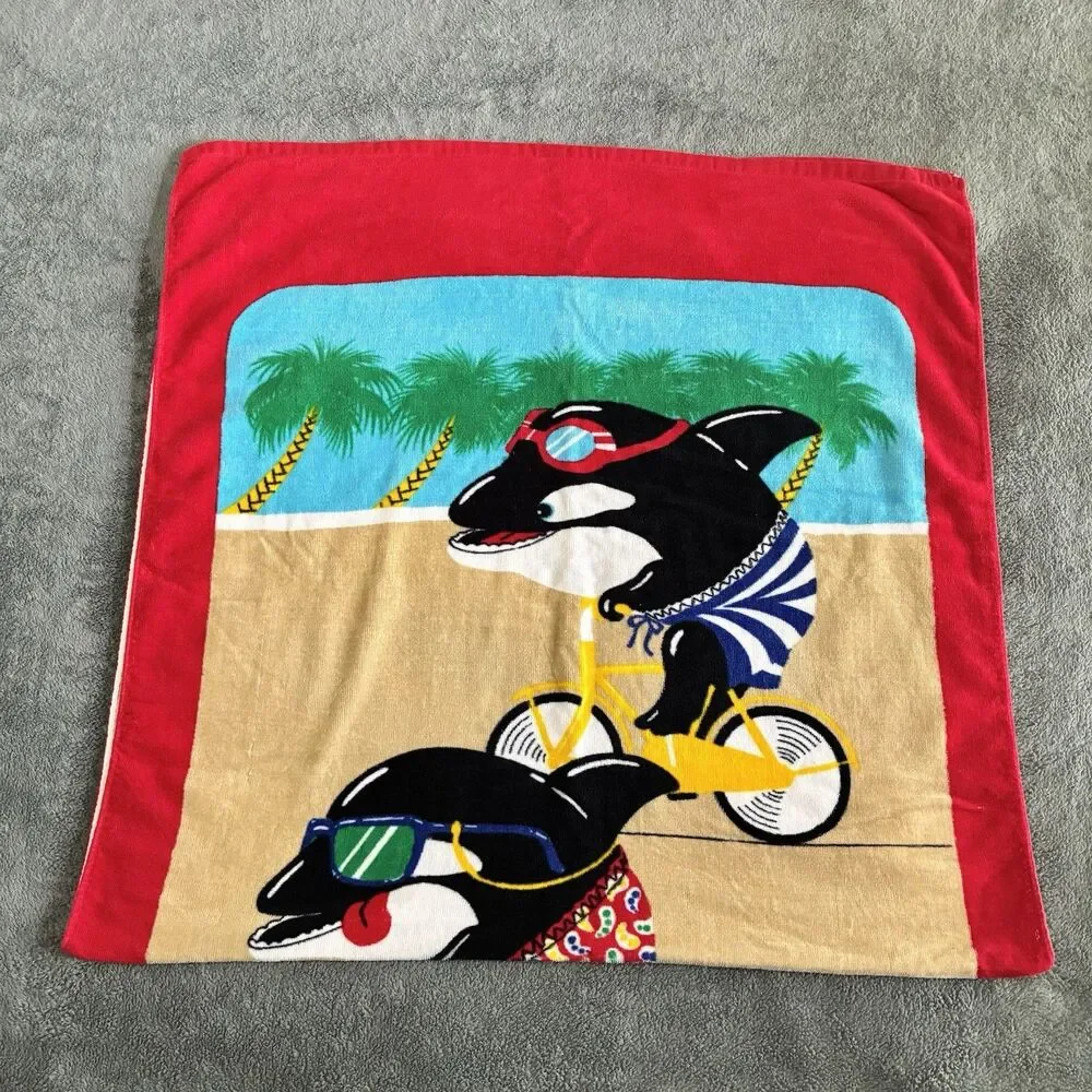 Seven Seas Orca Killer Whale Beach Pool Towel VTG 30x60” Racing Bicycles *READ*